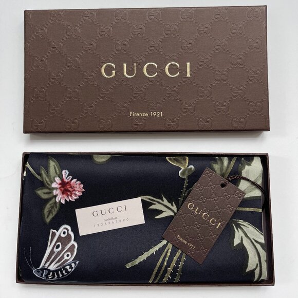 New Gucci Floral Kris Knight Black Multicolor Silk Scarf with Gucci Gift Box - Picture 1 of 16